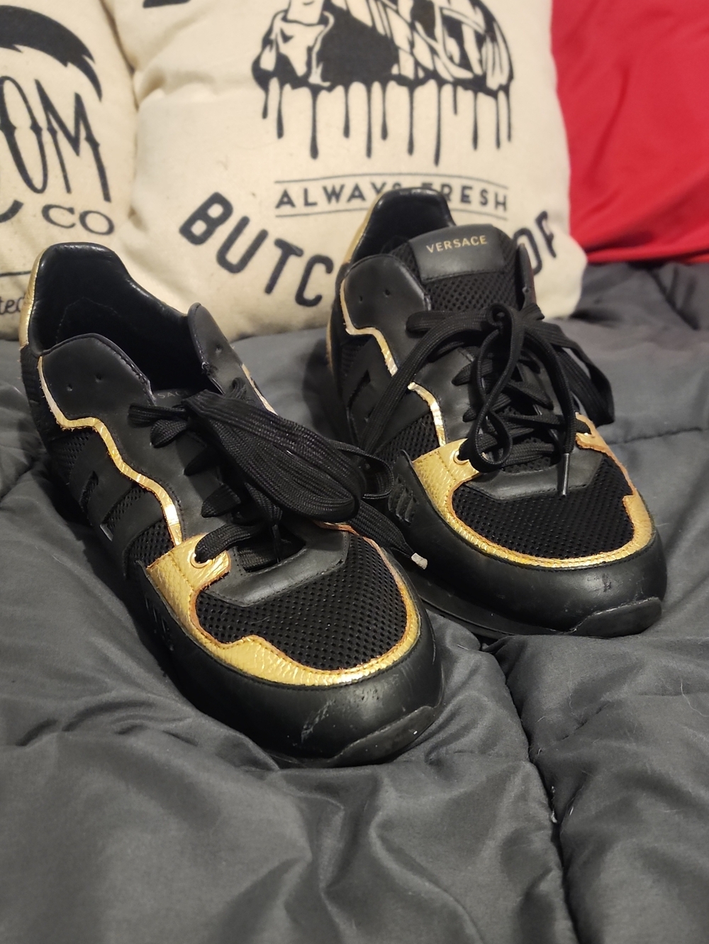 Authentic Versace Black and Gold Men’s Sneakers with Metallic Trim Size 12